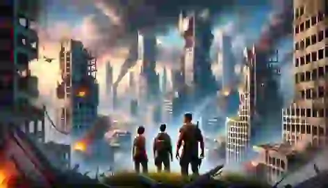 Tris and Four stand at the edge of a war-torn city, looking out at the devastation with determination to rebuild.