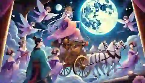 The celestial chariot taking Kaguya-hime back to the Moon, leaving the Emperor in sorrow