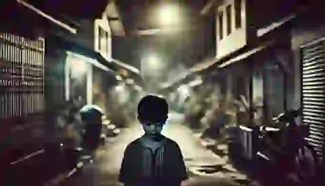 A boy walks alone on a dark, quiet street after leaving the bazaar, his face showing disappointment and sadness.