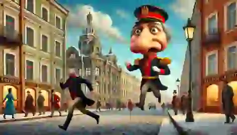 Kovalyov chases his runaway nose, which is dressed in a uniform, through the streets of St. Petersburg