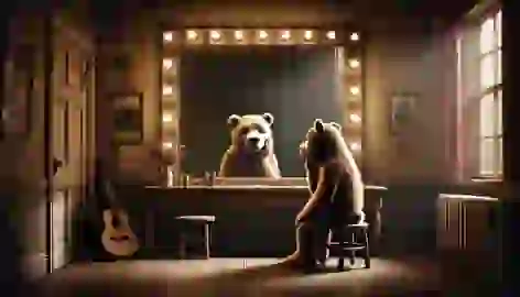 Bear sits alone in a dressing room after a concert, looking thoughtful.