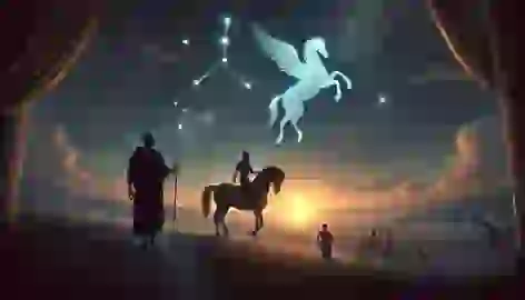 Pegasus ascends as a constellation, while an older Bellerophon walks beneath a starry twilight sky.