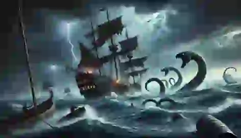 A lone ship battles the Kraken in stormy night seas, with lightning illuminating the chaos