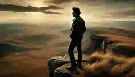 Ennis standing at the edge of a cliff on Brokeback Mountain, gazing out over the vast landscape.