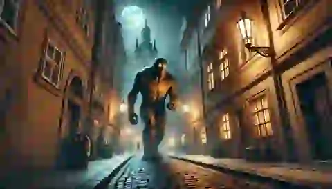 Joseph the Golem patrolling the Jewish Quarter of Prague at night.