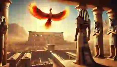 Pharaoh Ankhaten standing on his palace balcony, looking at the Phoenix soaring high above Thebes.