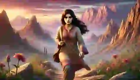 Anahita walks along a rugged mountain path, wearing traditional Persian attire with a satchel.