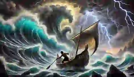 Alexios clings to his boat’s rudder, battling a violent storm with towering waves and flashes of lightning.