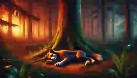 Max lies exhausted under a large tree in the forest, with the setting sun casting an orange glow over the scene.