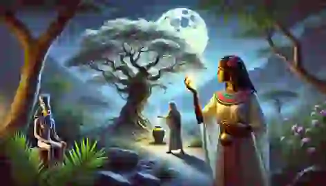 Nefret collects sap from a glowing tree under moonlight, guided by Sekhmet’s divine vision.