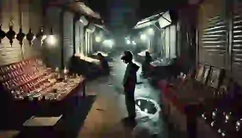 A boy walks through a half-deserted bazaar at night, surrounded by dimly lit stalls and few people.