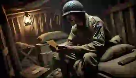 An American soldier sits in a dimly lit shelter, holding a letter and reflecting on his wartime experiences.