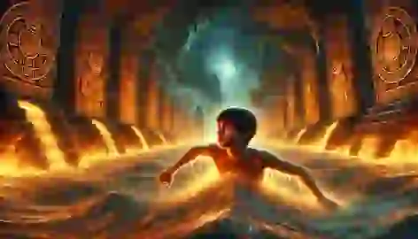 A young Mayan boy swims through a glowing river of fire in a cavern, illuminated by the flames and ancient glyphs.