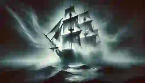 The Flying Dutchman sails through a thick fog, glowing with ghostly light, with spectral figures moving on deck.