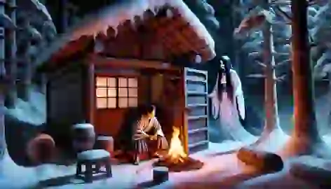  Minokichi awakens in a dimly lit hut, startled by Yuki-onna