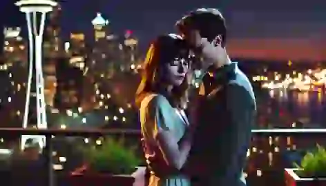 Christian and Anastasia reunite on a rooftop at night, the Seattle city lights glowing behind them, signifying hope and affection.