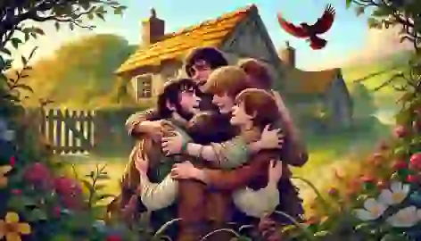 The seven brothers, now boys, embrace their sister joyfully outside their family home, surrounded by greenery.