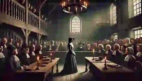 A woman stands trial for witchcraft in a candlelit courtroom as villagers and judges watch anxiously.