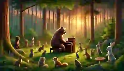 Bear plays the piano in the forest at dusk, surrounded by his animal friends.