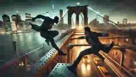 A rooftop battle between a hero and a villain on top of a bridge in New York City at night.