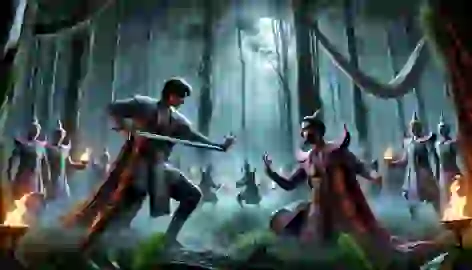 Khun Phaen and Khun Chang face off in a magical duel under the moonlight in a dense forest.