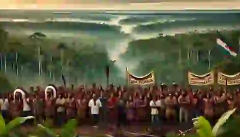 Guarani activists holding banners calling for the protection of their forest as deforestation looms in the background.