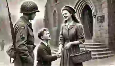 Esmé and her brother Charles stand outside the church, talking with a weary soldier as rain softly falls.