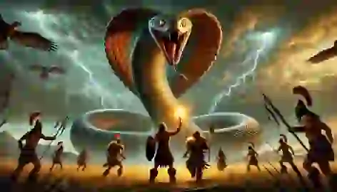 "Wakan leads warriors in battle against the great serpent, holding the glowing Thunderbird