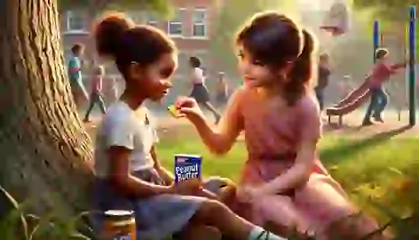 Talia and Tanisha share crackers under a tree during recess.