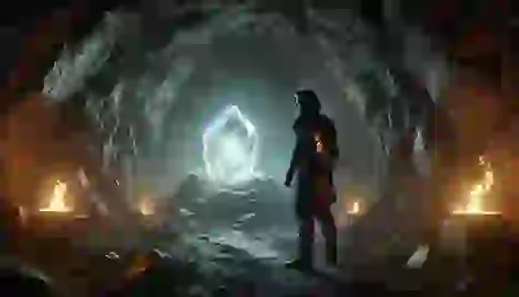 Bahram Gur cautiously stands in a cave, discovering a glowing crystal surrounded by an eerie, mystical light.