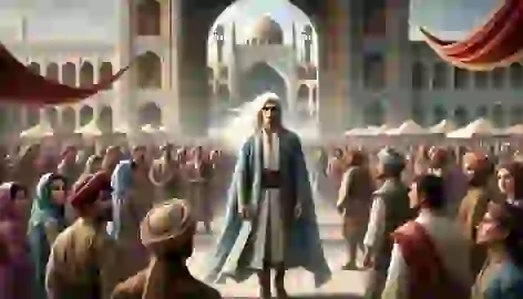 Zal, with flowing white hair, enters the kingdom of Sistan while people look at him in awe and curiosity.