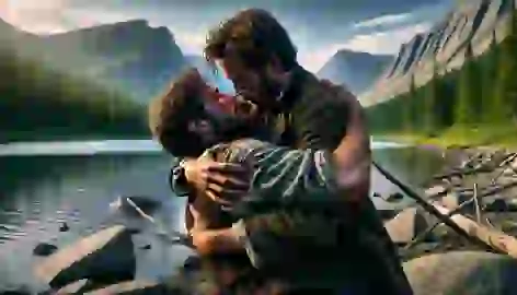 Ennis and Jack embracing near a lake in the mountains, their expressions full of longing and fear.