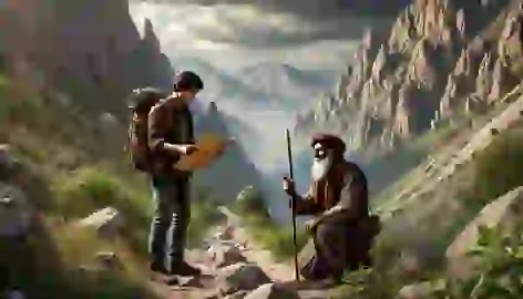 Ramin and Farhad hiking a narrow path in the Zagros Mountains with jagged cliffs and storm clouds gathering.