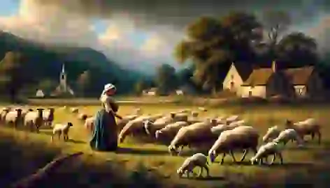 A young shepherdess tending sheep in an open field with the dark edge of a forest in the background.