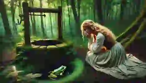 The princess kneels by the well, crying, as the frog emerges from the water.