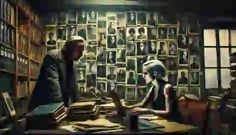 Mikael Blomkvist and Lisbeth Salander examine a wall of photos and documents in a dimly lit room.