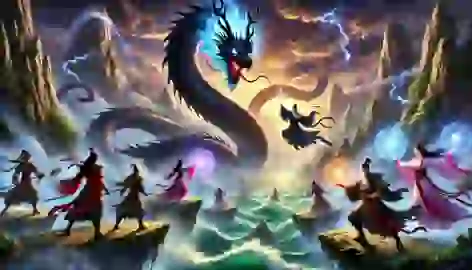 The Eight Immortals launching their final attack against the Black Serpent on Mount Kunlun.