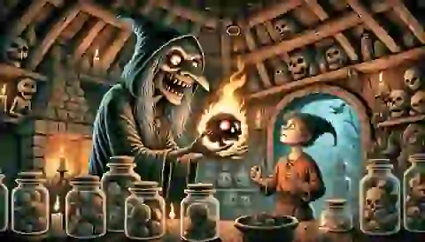 Baba Yaga handing a burning skull with fiery eyes to Vasilisa inside her hut.