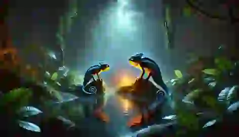 Renkor and Lyra, glowing near a moonlit pond in the jungle, their colors shifting as they converse.