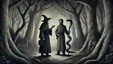 Goodman Brown meets a mysterious stranger with a serpent-like staff in the dark forest, surrounded by shadows.