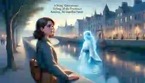 Maeve standing by the River Liffey, feeling the presence of Aisling, the guardian spirit.