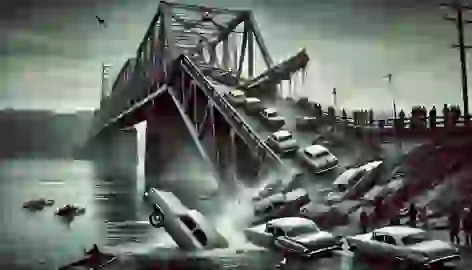 The Silver Bridge collapses into the Ohio River, with cars and people caught in the disaster during rush hour.