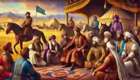 Bakhtiyar Khan negotiating with rival tribal leaders, seated in a semi-circle on the golden steppe under a bright sky.