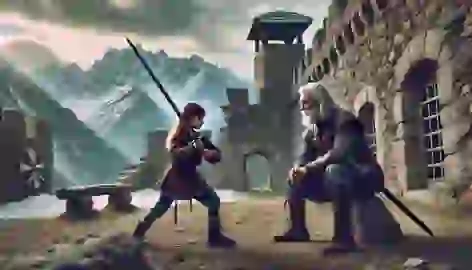 A young girl trains with a sword in a snowy mountain stronghold, observed by an older warrior.