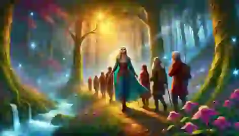 Elara leads grateful travelers through the enchanted forest, surrounded by glowing trees and magical streams.