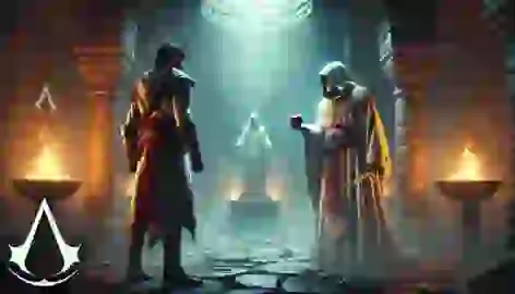 Altair faces Al Mualim in the Assassin’s fortress, with the glowing Apple of Eden casting an eerie light around them.