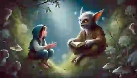 Lila sits with Warrin, the Pukwudgie leader, in a moonlit glen, listening intently.