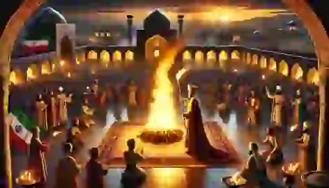 King Jamshid lighting the sacred fire during Nowruz, surrounded by cheering people and illuminated by lanterns.