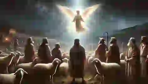 Shepherds witness angels proclaiming the Savior’s birth in a field illuminated by heavenly light.