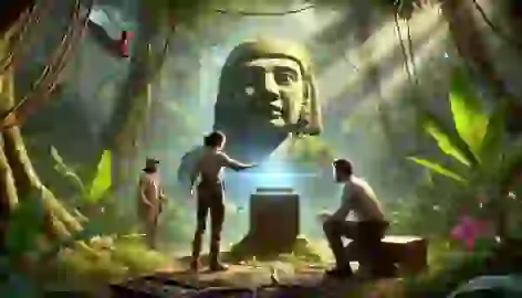 Dr. Elena Marquez and Diego activate a mechanism with sunlight in a jungle clearing near a stone idol.